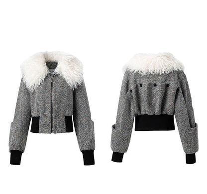 LEDIM W wool fur collar tweed cropped jacket SIll