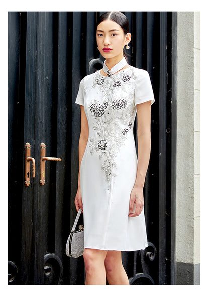 SIDUO Elegant midi short sleeve mid waist Chinese style white banquet dress-Jane  ( V )