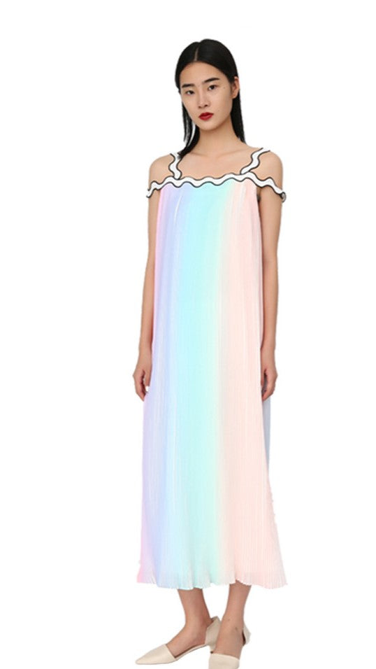 YES BY YESIR original light luxury pressed pleated long pastel ombre flowy dress-  Ye Qian