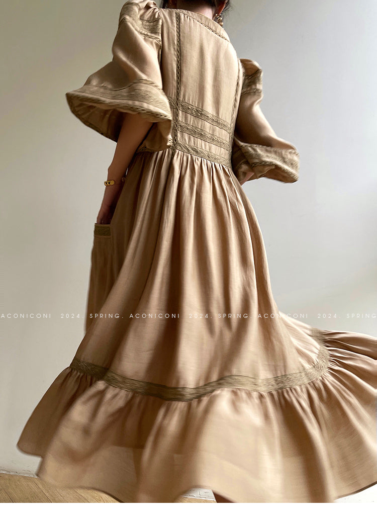 Aconiconi Elegant Lantern Sleeve Loose Long Dress- Flower lotus wood shadow