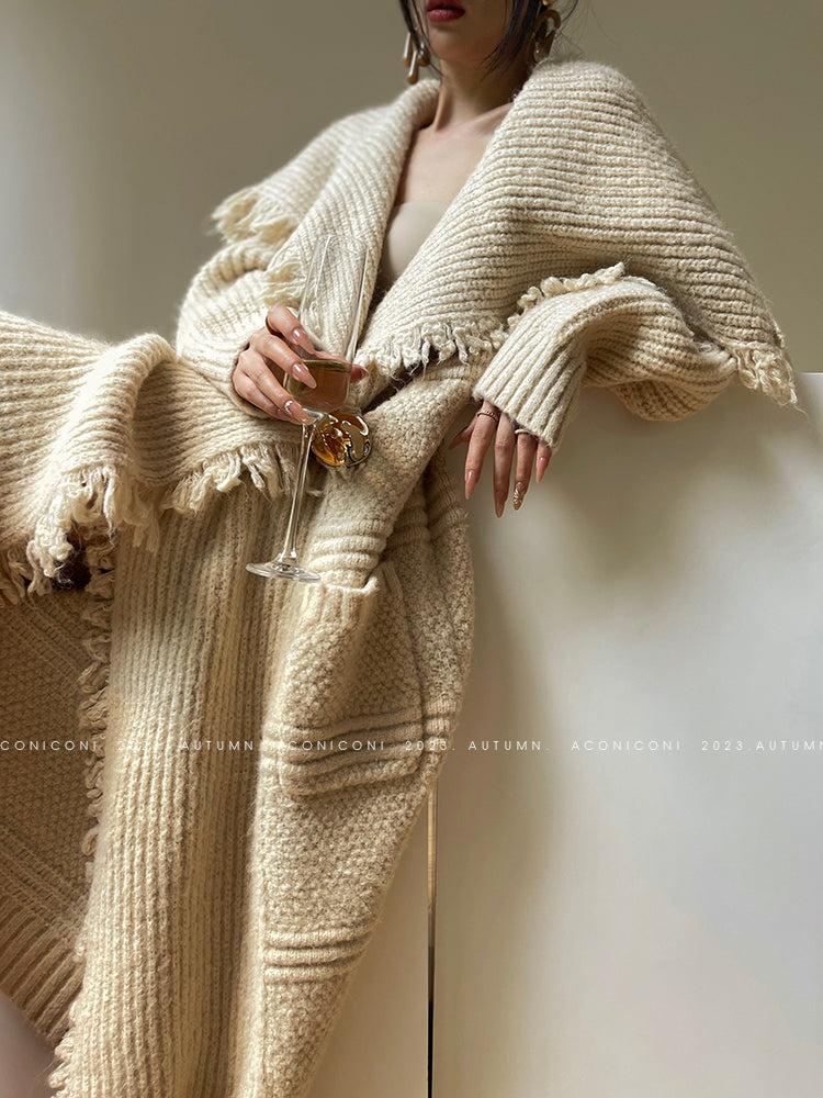 Aconiconi Boho Long Loose Knitted Sweater Tassel Jacket-Loose Tea Quinoa