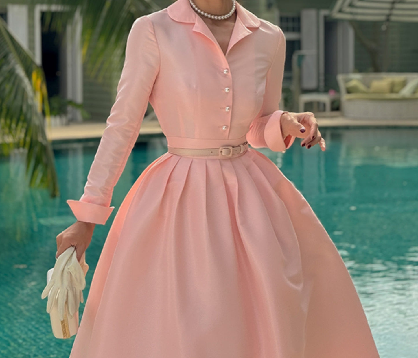 Le Palais Vintage Pink Retro Lapel Long Sleeve Button Puffy Cocktail Skirt-LEO