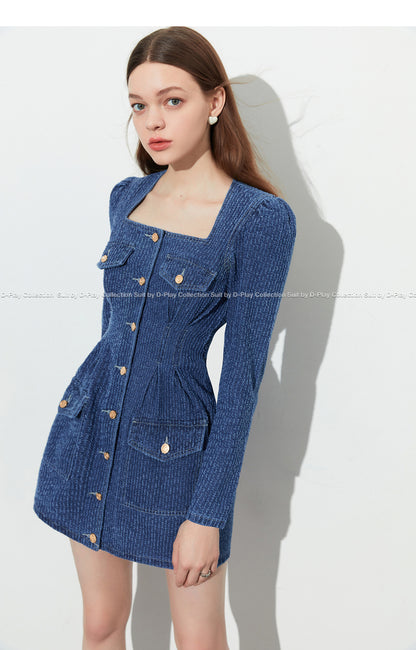 DPLAY fall Autumn Vintage French Square Neck Puff Sleeve Denim dress - Kaidi