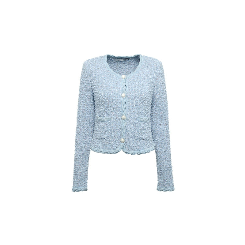 YES BY YESIR elegant simple pastel blue wool fragrance knit skirt cardigan - Sea