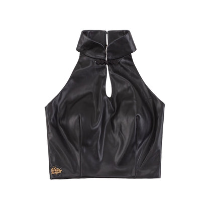 Le Palais Vintage Black Leather Top/ High-waisted Hip Leather Flared Pants-Zhuri