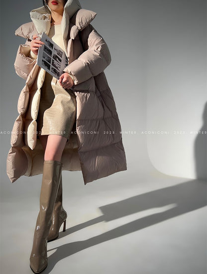 Aconiconi Luxury Duck Down Loose Beige Long Winter Jacket Coat- Almond Croissant