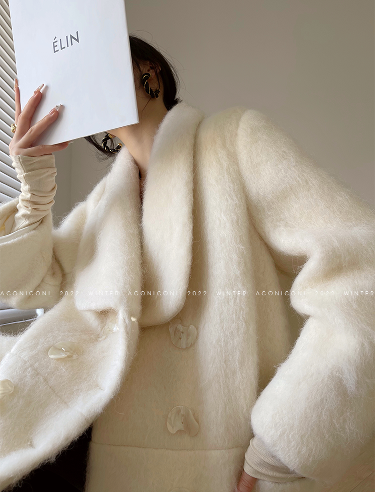 Aconiconi Elegant White Tweed Long Sleeve cropped Winter Coat- Yao Te