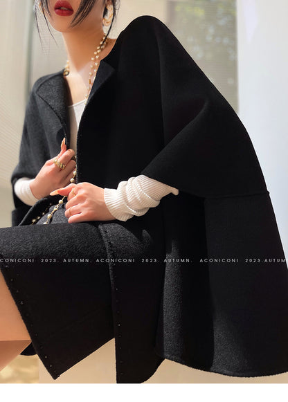 Aconiconi Luxury  Cape Shawl Woolen Winter Coat- Sea Night Twilight