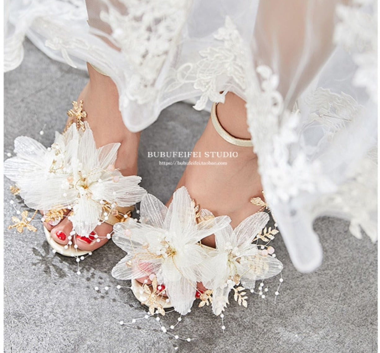 Gold Lace Heels, Blue Sole Shoes, Tess for Bridal or Evening