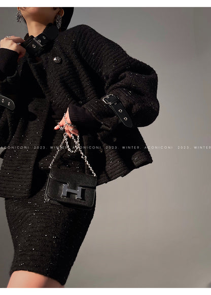 Black night wool two-piece coat jacket skirt - Utopia moonlit