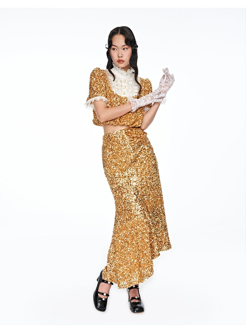 FAME gold sequins lace vintage stand collar holiday top skirt set - Mei