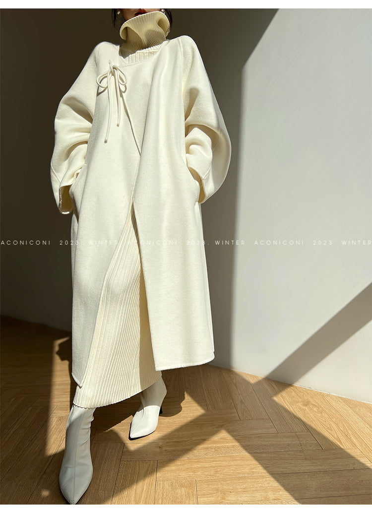 Aconiconi Luxury Autumn Cream Korean Long Sleeve Long Light Coat- Warm Winter