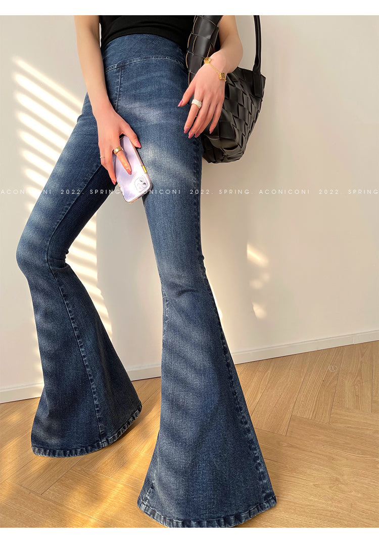 Aconiconi Elegant Jean Retro High Waist Elastic Slim Fit Mermaid Flared Pants- Land Mermaid