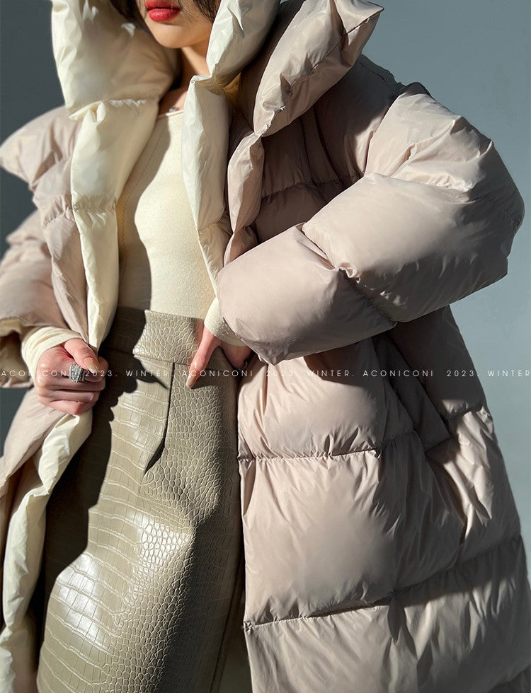 Aconiconi Luxury Duck Down Loose Beige Long Winter Jacket Coat- Almond Croissant