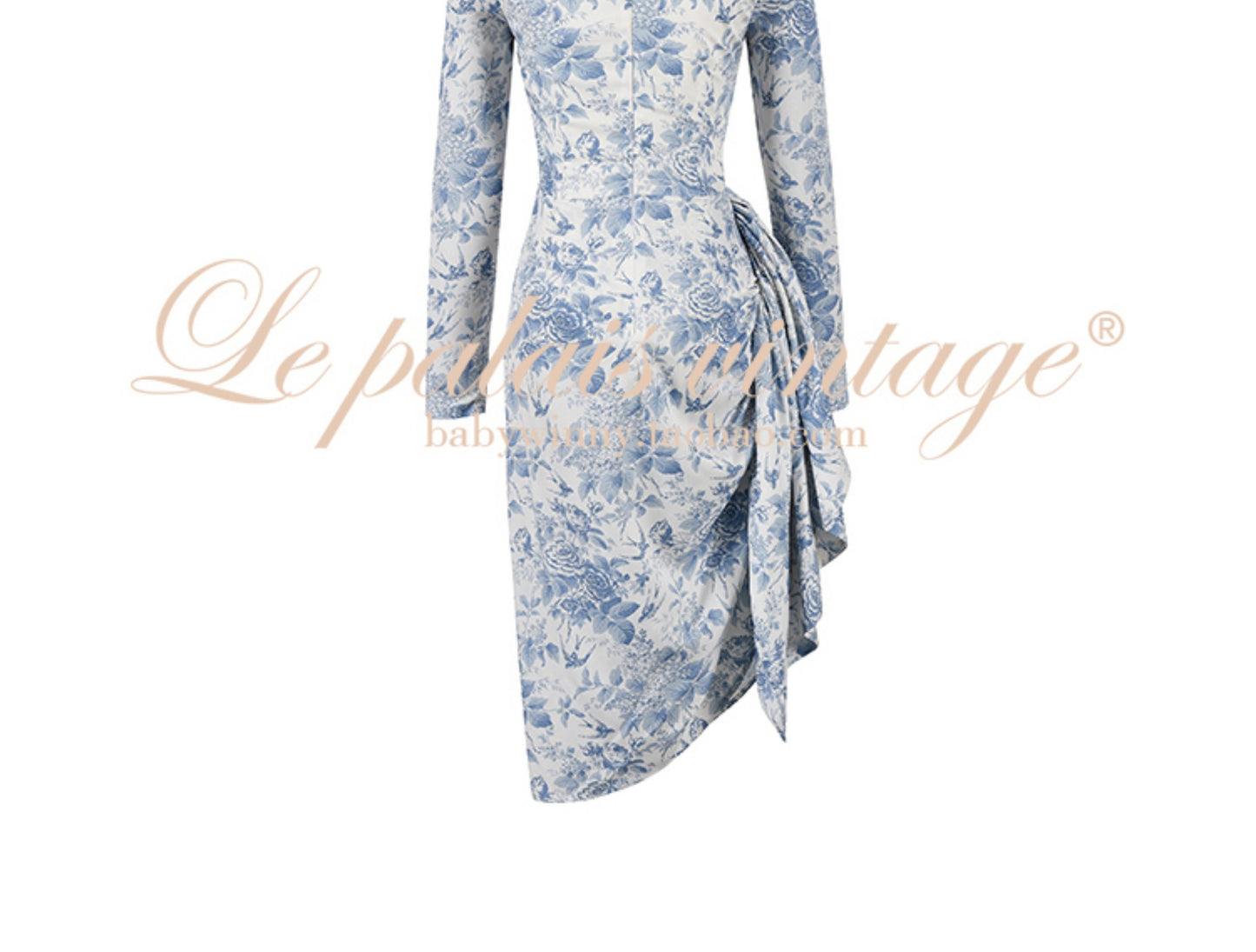 Le Palais Vintage Blue Long Sleeve Asymmetrical Pleated Midi Dress-ALIA