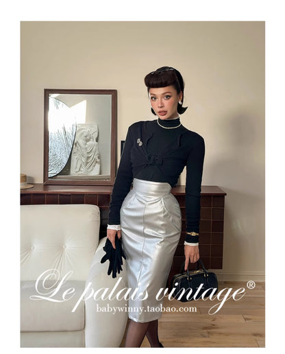 Le Palais Vintage Retro Sliver High Waist Midi pencil Skirt-Ella