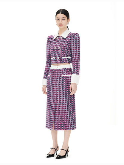 YES BY YESIR autumn winter grid plaid tweed pattern jacket skirt - Grape