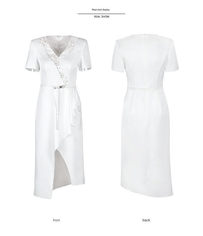 SIDUO Luxury mid skirt short sleeve deep V-neck mid waist slim fit white dinner dress-Pamela ( V )