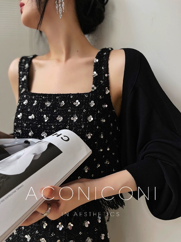 Aconiconi Luxury Black French Retro Starry Sleeveless Top/ Hip Hug Skirt- Manmanxingyu