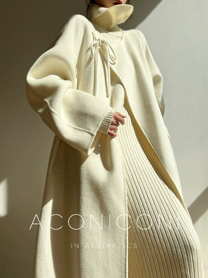 Aconiconi Luxury Autumn Cream Korean Long Sleeve Long Light Coat- Warm Winter