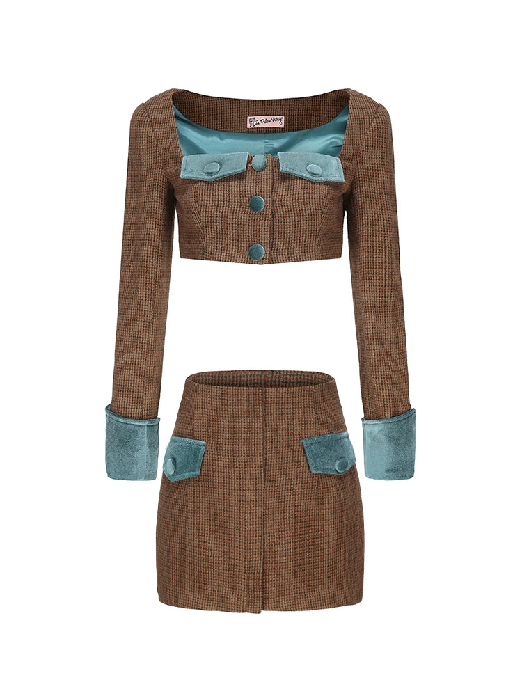 Le Palais Vintage Brown Long Sleeve Plaid Crop Jacket + Short Skirt-JODIE