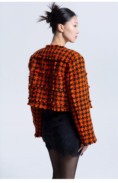 LEDIM W luxury high end patchwork orange houndstooth plaid blazer jacket - Haiei