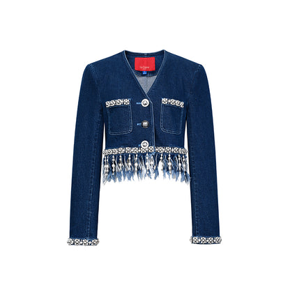 Limited Vintage inspired Beaded Fringed Denim Collarless Short Top + Pants suit set - Nina