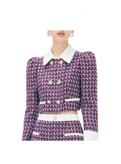 YES BY YESIR autumn winter grid plaid tweed pattern jacket skirt - Grape