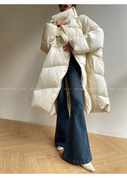 Aconiconi Luxury Cream Duck Down Collar Loose Thick Long Coat - Winter Whisper