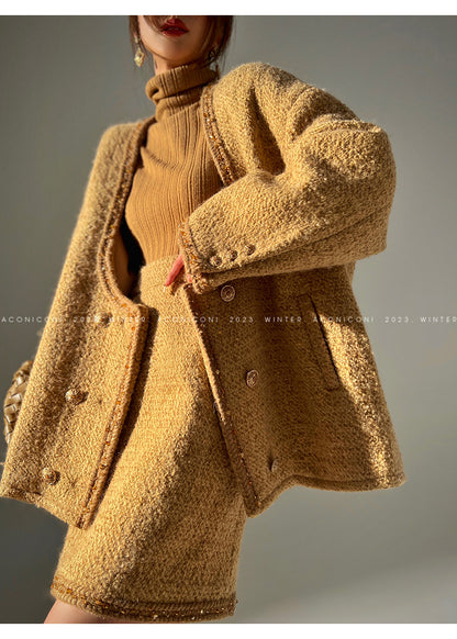 Brownie autumn wool retro tweed suit skirt jacket - Dunnu