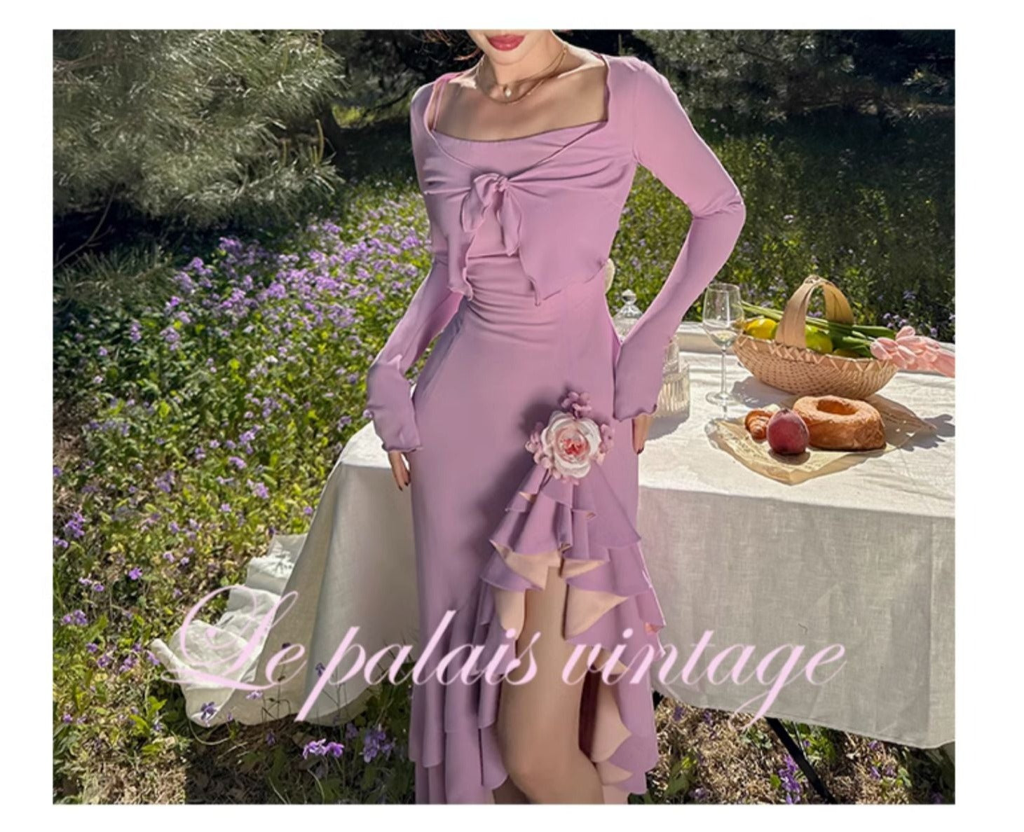 Le Palais Vintage French vintage asymmetrical wavy drape chiffon maxi dress  - Marta