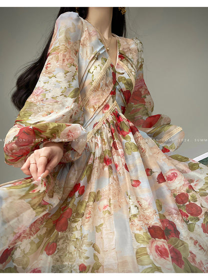 Aconiconi Elegant French Floral Print V-Neck Lantern Sleeve short Dress- Hanano Hatsugaki