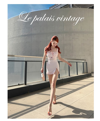 Le Palais Vintage Luxury Pink Striped Lace Crop Suspenders High Waist Short Skirt-Katie