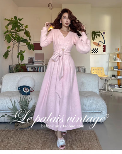 Le Palais Vintage Luxury Soft Slim Plush Drape Wrap  Long White and Pink Coat-Hazai