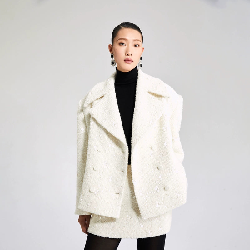 LEDIM WHITE WOOLEN TOP DOUBLE-ROW LOOSE SUIT JACKET - Debut