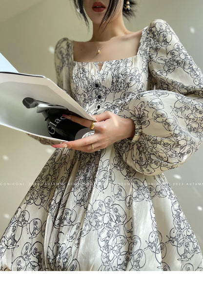 Aconoconi Print Square Collar Long Puff Sleeve Bubble Short Dress - Moonlight Waltz