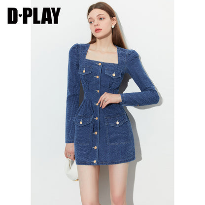 DPLAY fall Autumn Vintage French Square Neck Puff Sleeve Denim dress - Kaidi