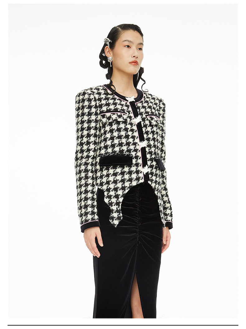 Autumn Winter Retro Butterfly Tail Shaped Velvet Houndstooth Jacket - Samara