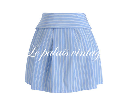 Le Palais Vintage Luxury Blue Striped Crop Shirt Pleated Skirt Pumpkin Shorts-Janetta