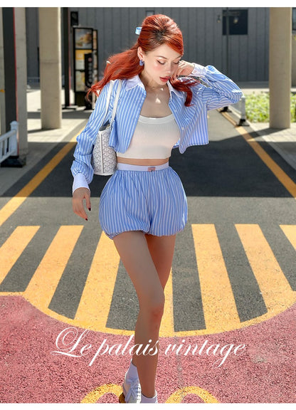 Le Palais Vintage Luxury Blue Striped Crop Shirt Pleated Skirt Pumpkin Shorts-Janetta