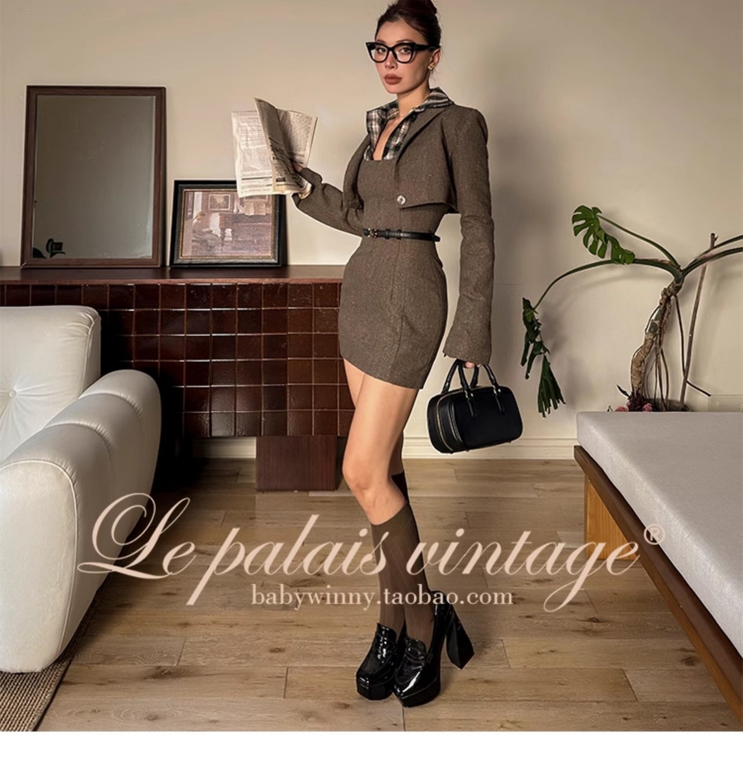 Le Palais Vintage High End Plaid Vest Shirt Pleated Sexy Office Suit Skirt-Stella