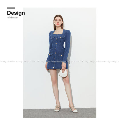 DPLAY fall Autumn Vintage French Square Neck Puff Sleeve Denim dress - Kaidi