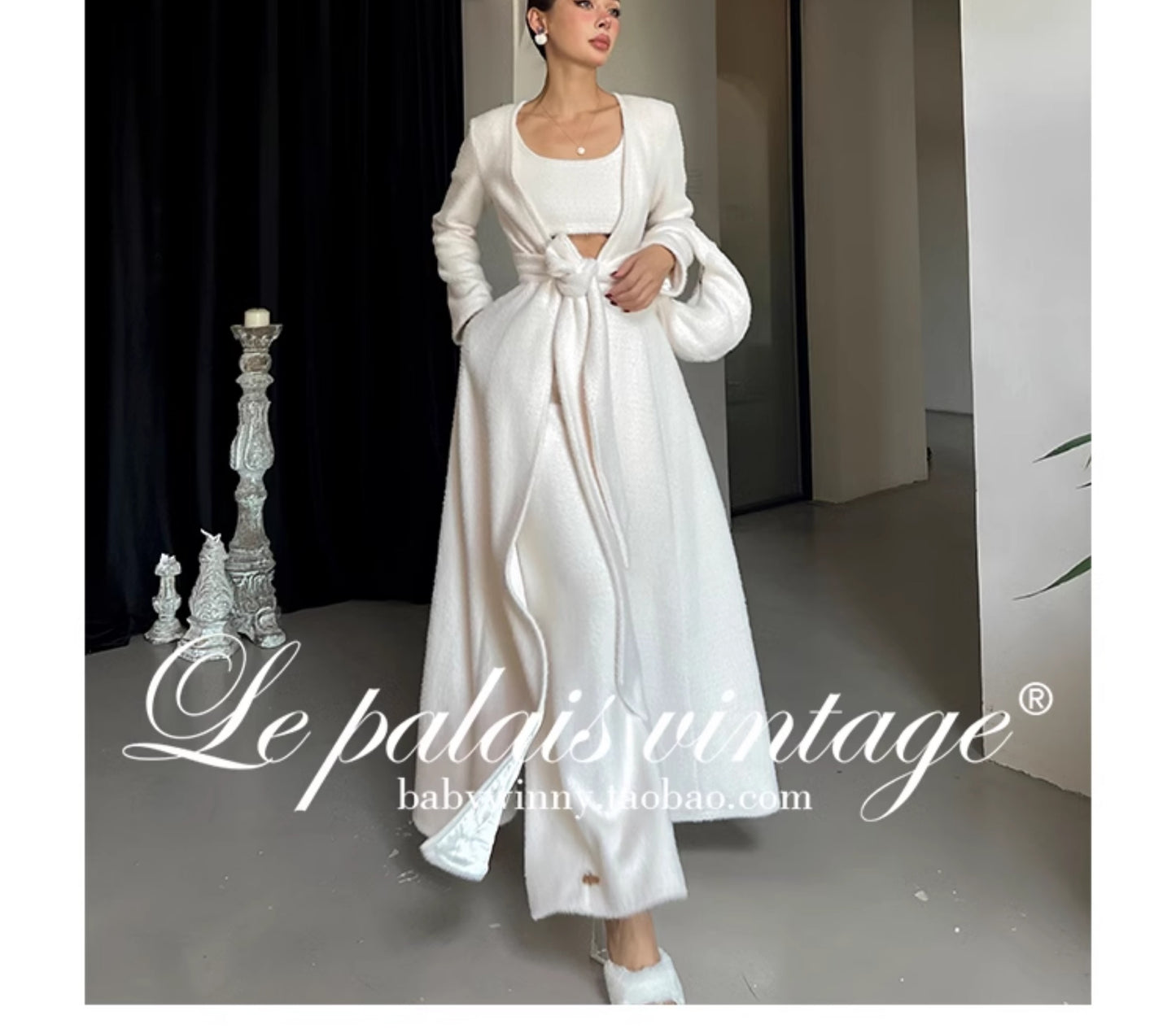 Le Palais Vintage Luxury Soft Slim Plush Drape Wrap  Long White and Pink Coat-Hazai