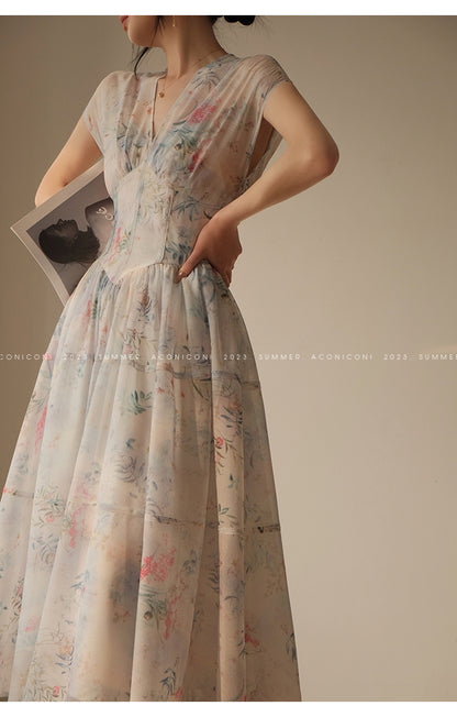 Aconiconi  high-end V-neck A-Line Vintage printed tea summer dress- Yufu fairy