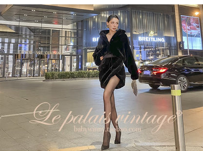 Le Palais Vintage Luxury Black Long Sleeves Short Faux Fur Short Coat and Dinner Skirt Suit-Selena