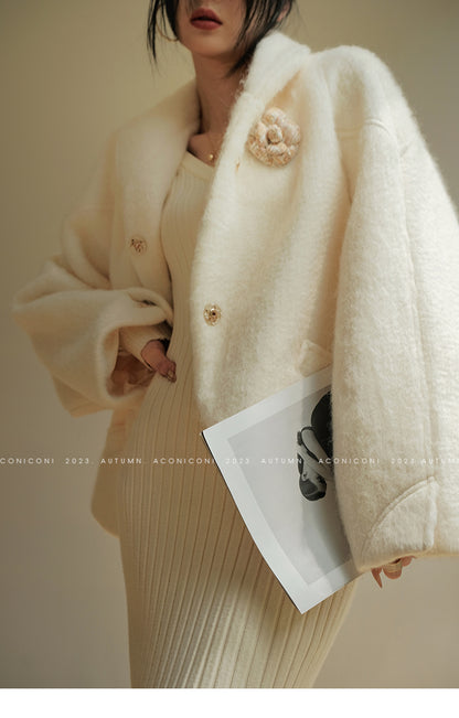 Aconiconi Luxury White Lapel Long Sleeve Thick Wool Winter Coat- Murmuring Snow