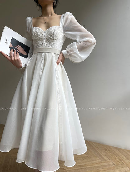 Aconiconi Elegant White Long Sleeve bridal reharsal Dress- Listen Spring