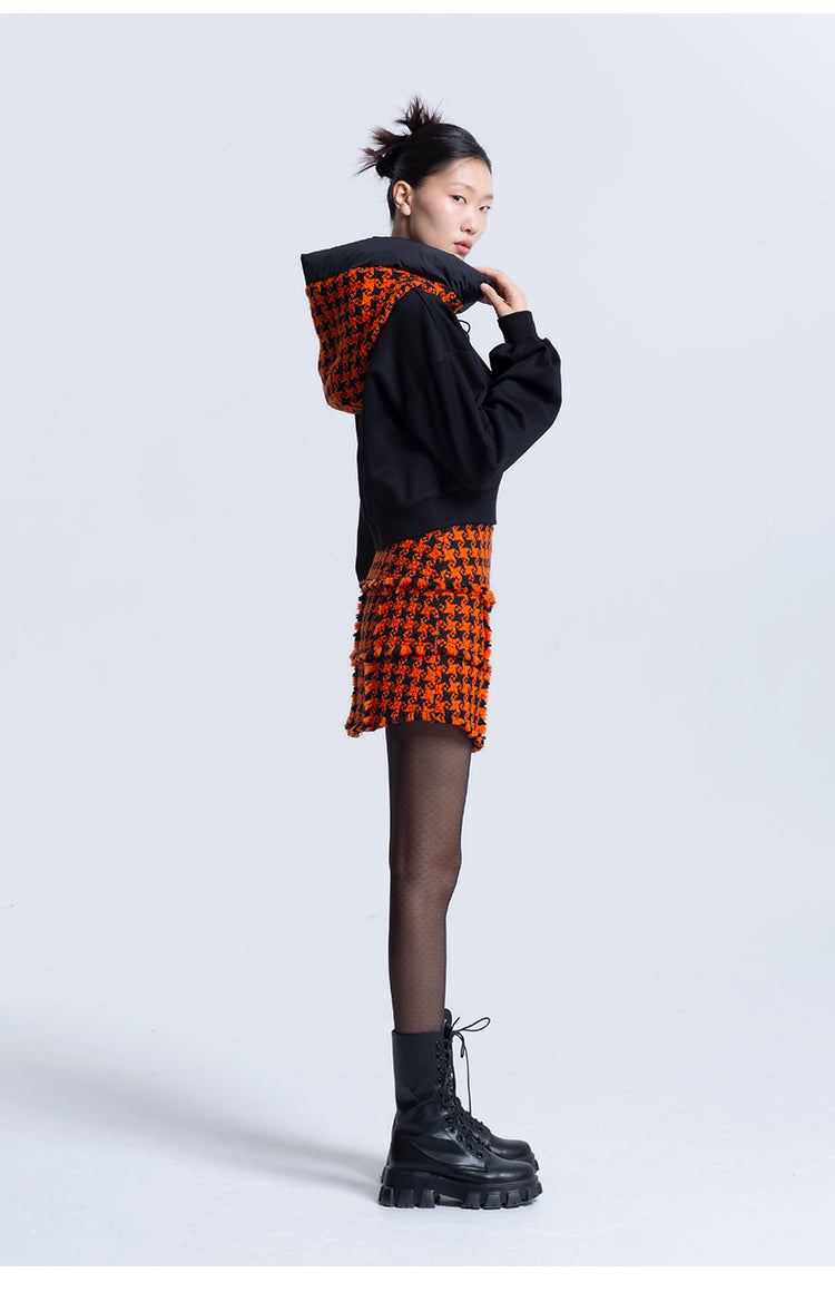 LEDIM W Patchwork luxury orange houndstooth plaid hooded black sweat shirt pullover -Haiei