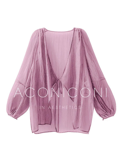 Aconiconi Elegant V-Neck Long Sleeve Loose Lace Chic Shirt-Light Dance Whisper