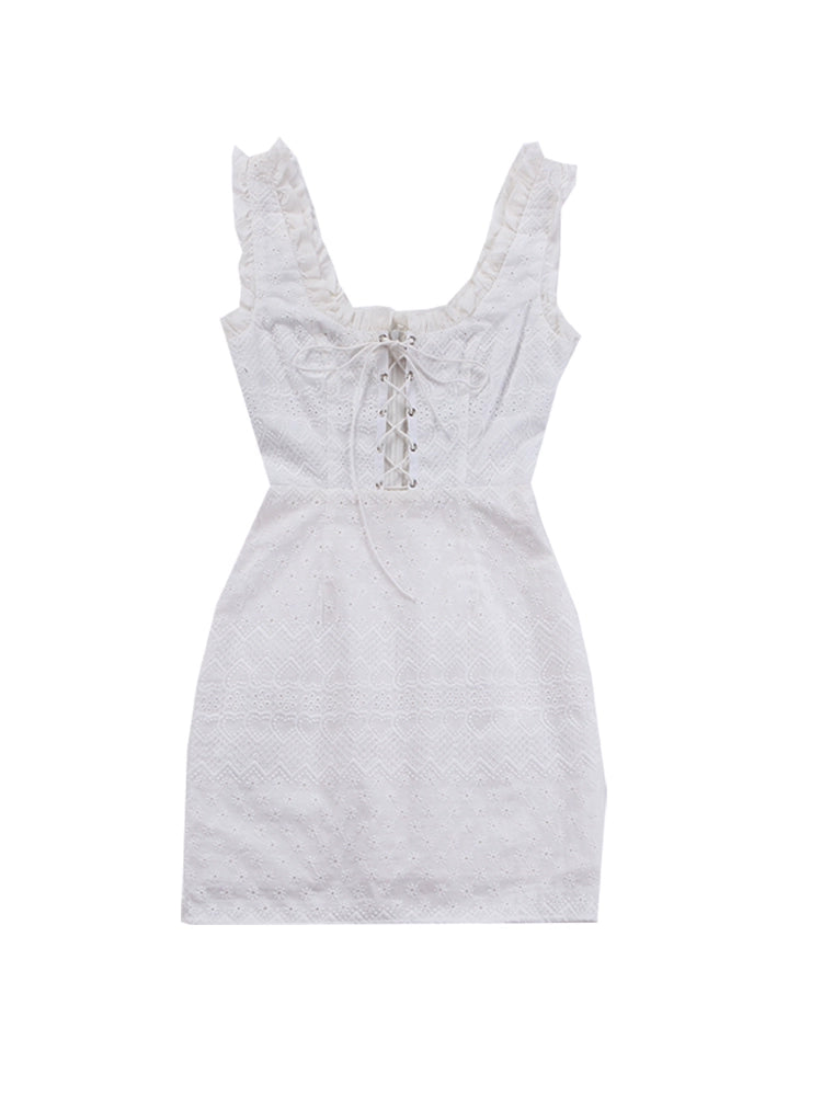 Le Palais Vintage High End Retro Midi Embroidered Strap White Cocktail Dress-Martina